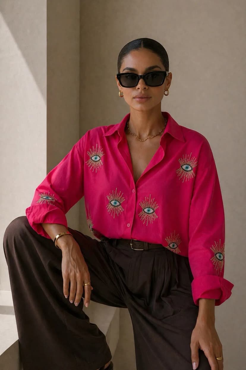Damen Hemdbluse Fuchsia Oversize mit Stickereien Gr. M