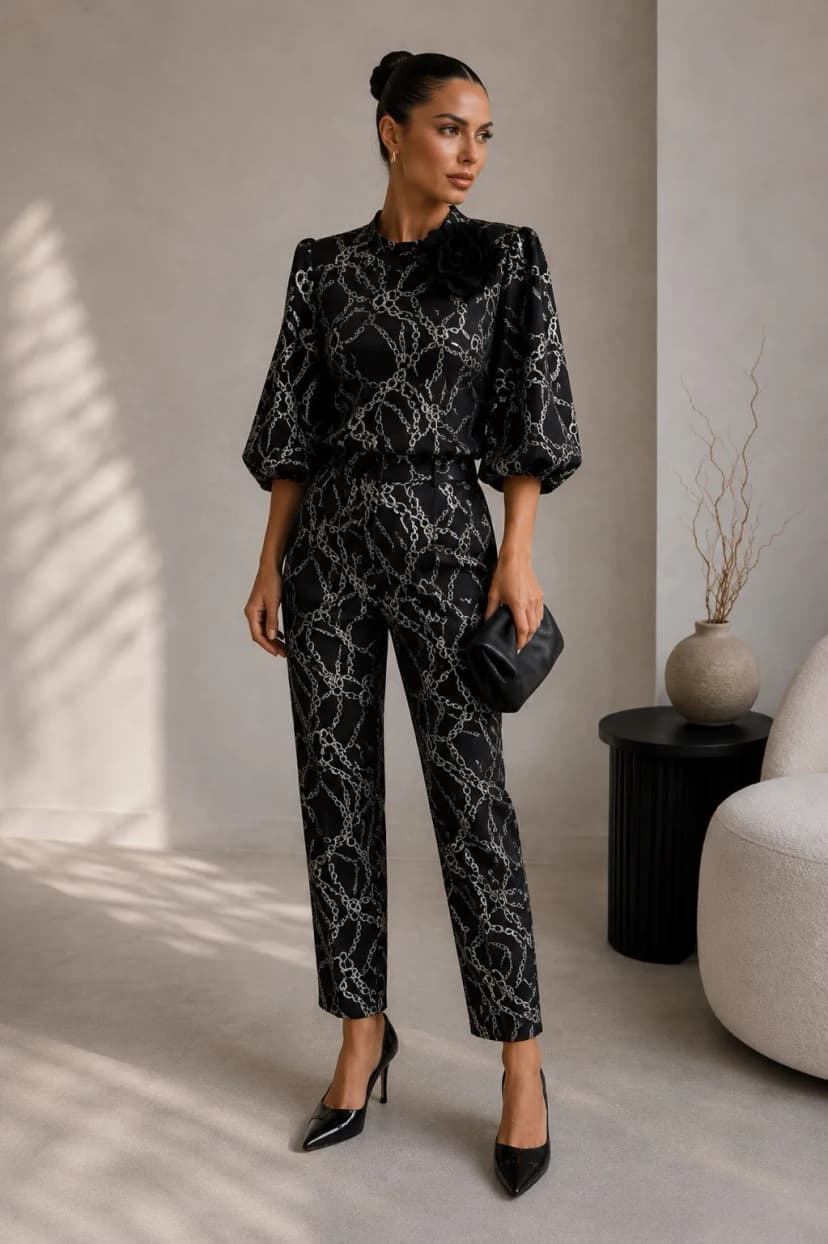Jacquard-Set mit geprägtem Muster, Puffärmeln und Blume Brosche Gr. 38