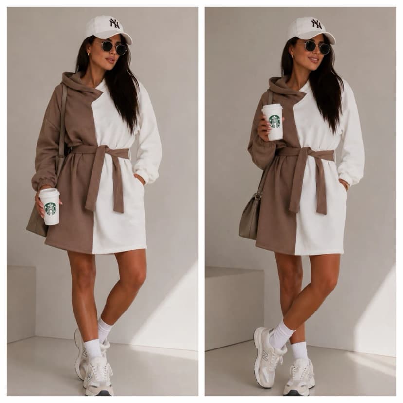 Damen Zweifarbiges Sweatkleid mit Kapuze Gürtel Beige Ecru Blogger Style