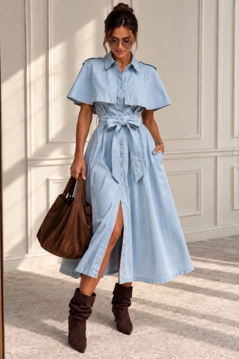 Damen Denim-Hemdblusenkleid mit Cape und Bindegürtel Gr. M