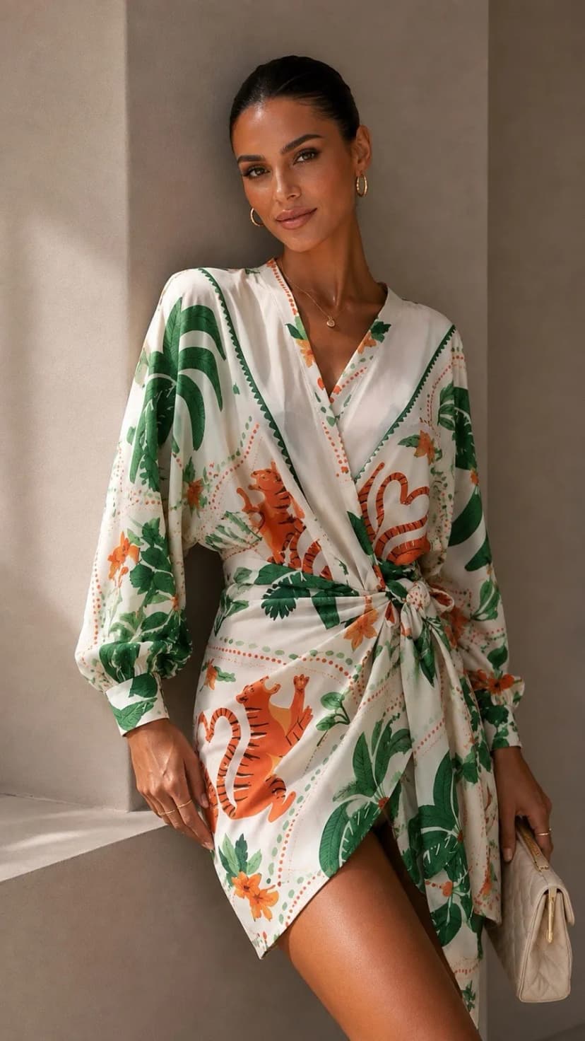Neu Damen Baumwoll Wickelkleid mit weiten Fledermausärmeln M/L