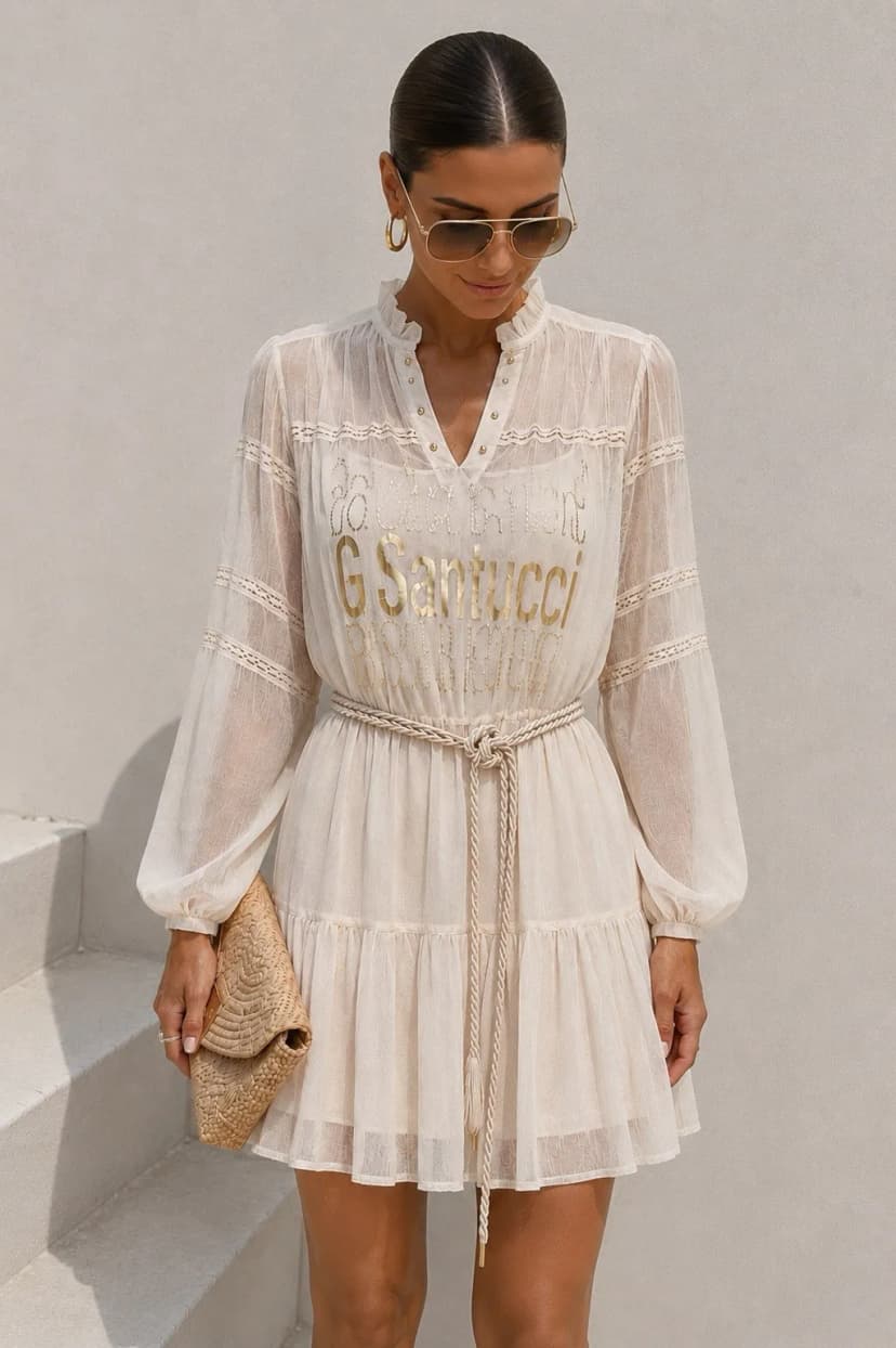 Gil Santucci Langarm Romantisches Kleid Boho Beige