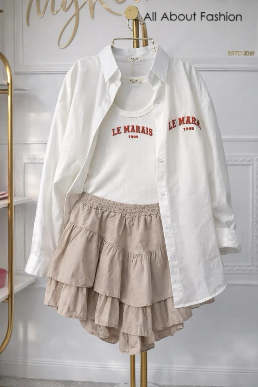 Damen Zweiteiliges Set Top & Langarmiges Hemd mit Stickerei Le Marais. Weiß M/L