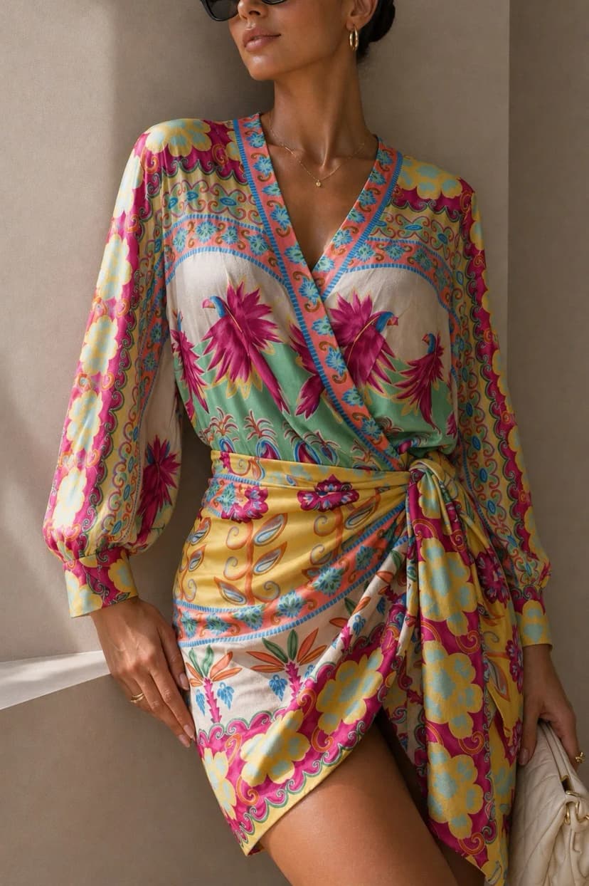 Damen Wickelkleid mit weiten Fledermausärmeln M/L
