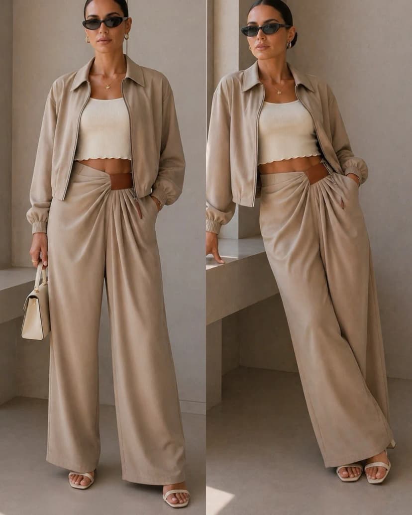 Elegante Damen Stoffhose mit Drapierung vorne – Weite Beine | Beige Gr. L