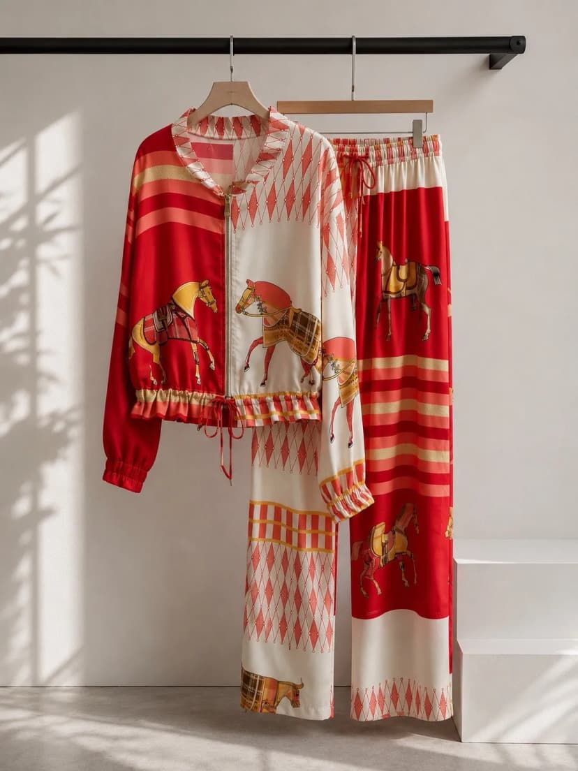 Damen Zweiteiler Viskose Bomberjacke Palazzo Hose Set Print Sommer Elegant