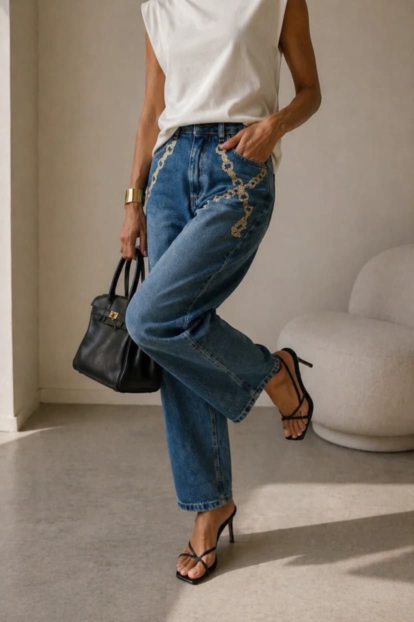 Damen Jeans Relaxed Mom Fit mit Kette Details Blue Jeans 5 Pocket M