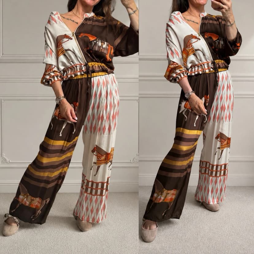 Damen Zweiteiler Viskose Bomberjacke Palazzo Hose Set Print Sommer Elegant
