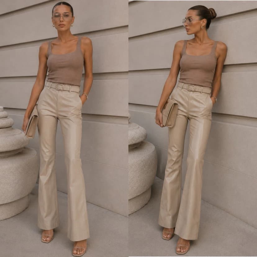 Damen High Waist Lederoptik Hose mit Gürtel und Flared Bein Beige L
