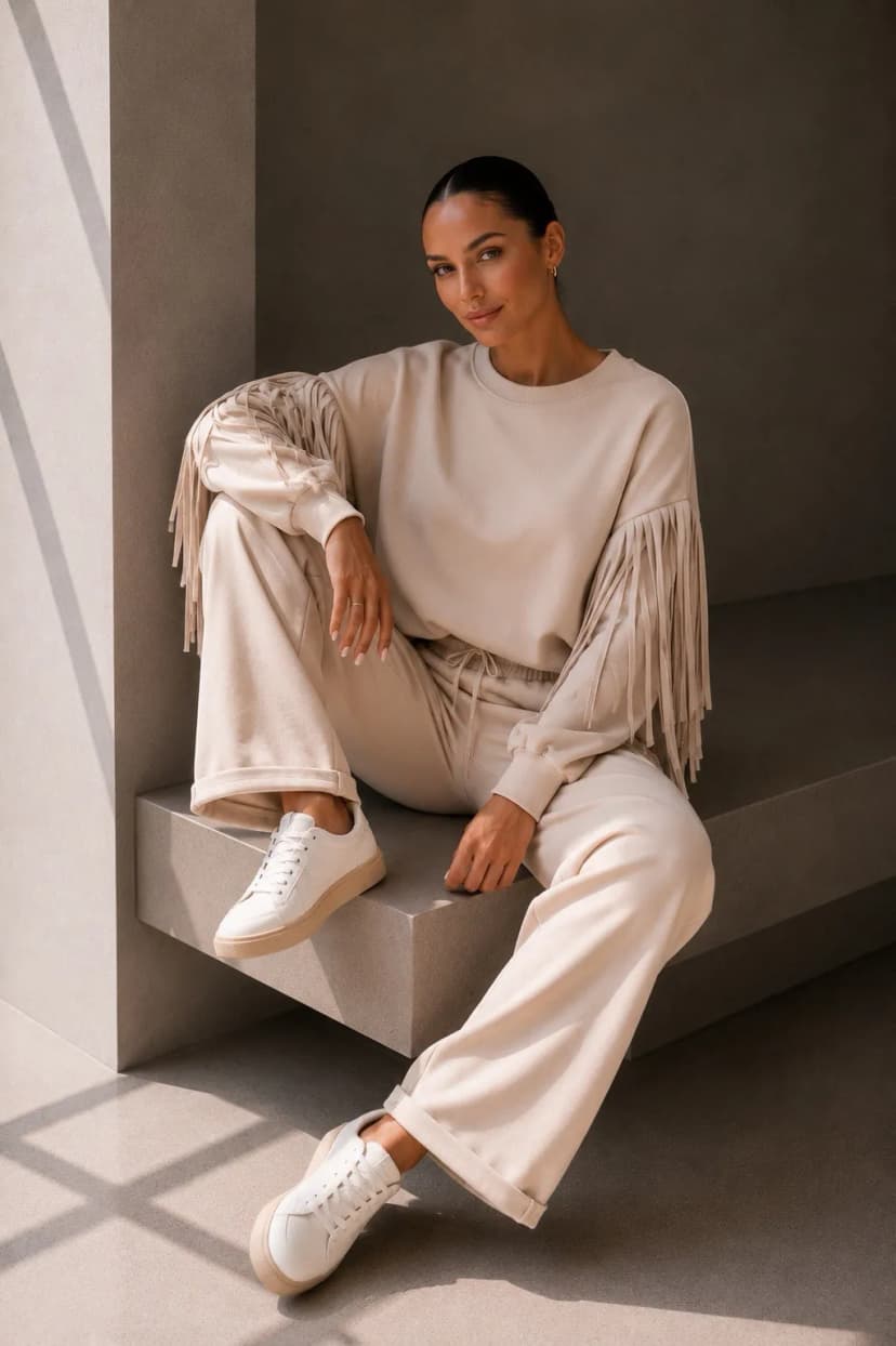Damen-Freizeitanzug – Zweiteiliges Set mit Fransen Loungewear . Beige