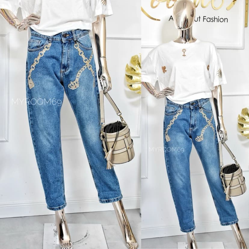 Damen Jeans Relaxed Mom Fit mit Kette Details Blue Jeans 5 Pocket Gr. M