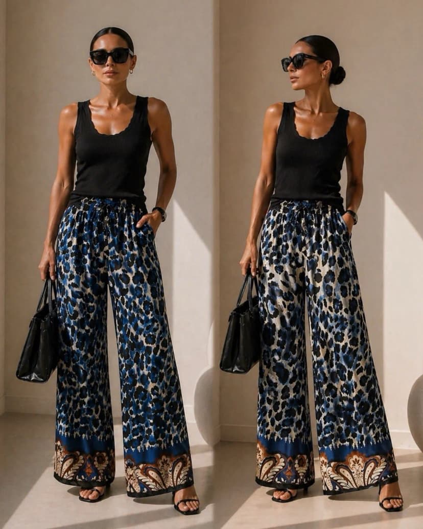 Fließende Seide / Viskose Hose mit Weites Bein Leopardmuster Blau