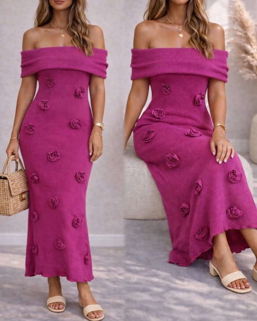 Strickkleid Maxikleid mit 3D Blumen Langes Strickkleid Fuchsie Carmen Ausschnitt