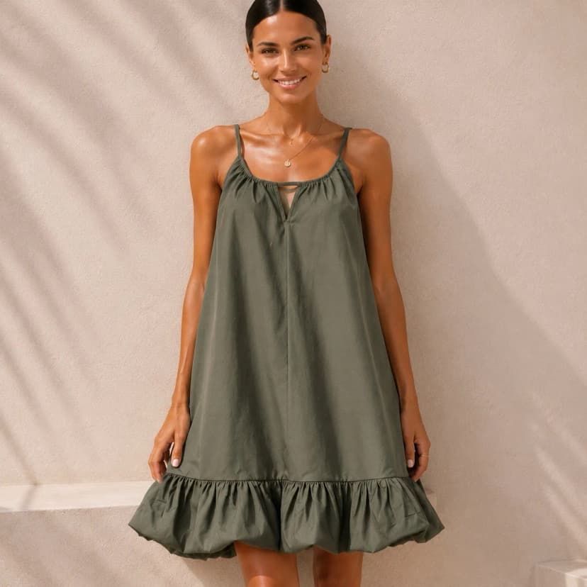 Damen Trägerkleid mit Falten Rusche Khaki Baumwolle Kleid