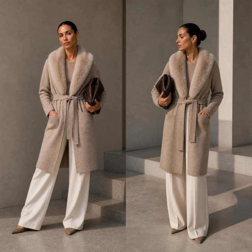 Mittellange Strickjacke mit Abnehmbarem Kunstfellkragen, Cardigan mit Gürtel