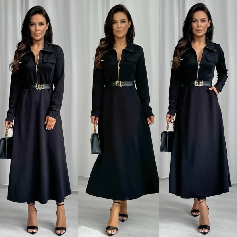 Damen Midikleid mit Reißverschluss am Ausschnitt und Gürtel 40