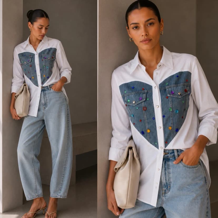 Weißes Hemdbluse Denim Einsätze Langarm Knopfleiste Schmucksteine Kragenhemd S