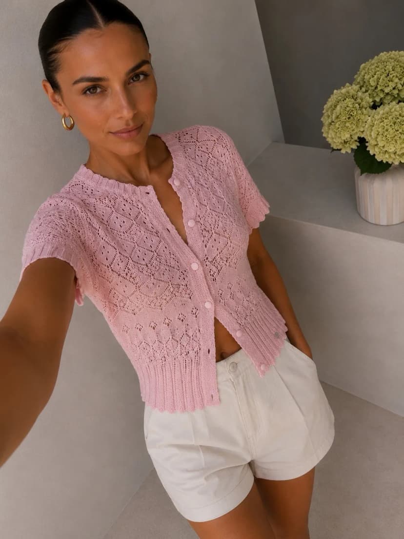 Ajour Strickjacke Damen Spitze Cardigan Sommer Elegant Boho Italien