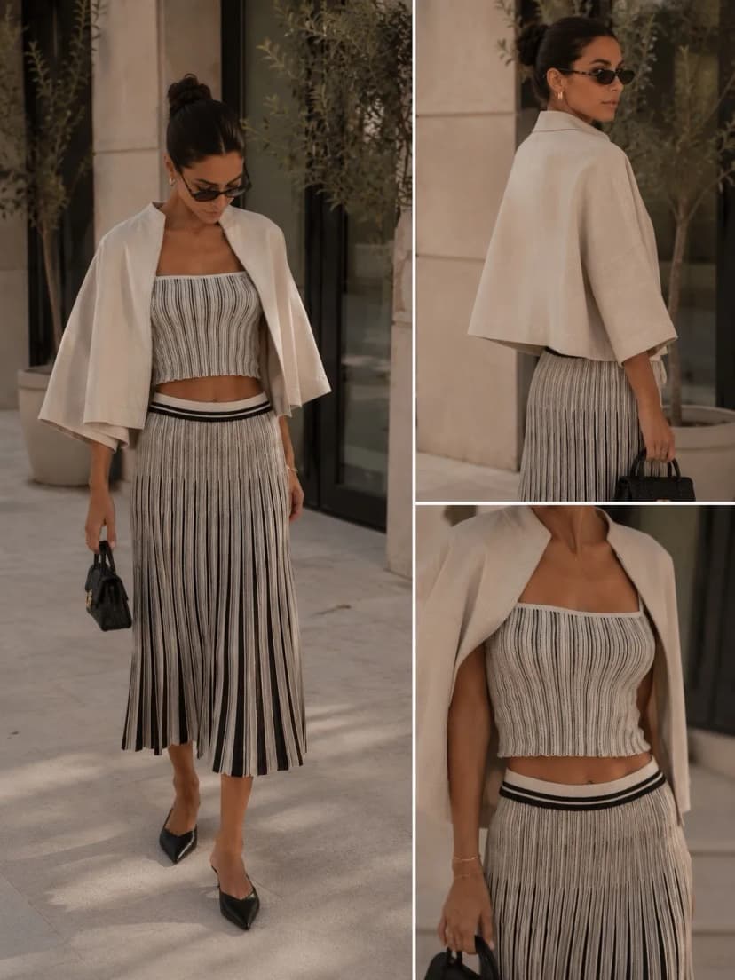 Damen Strick Set Maxirock & Top Zweiteiler Sommer Elegant Beige