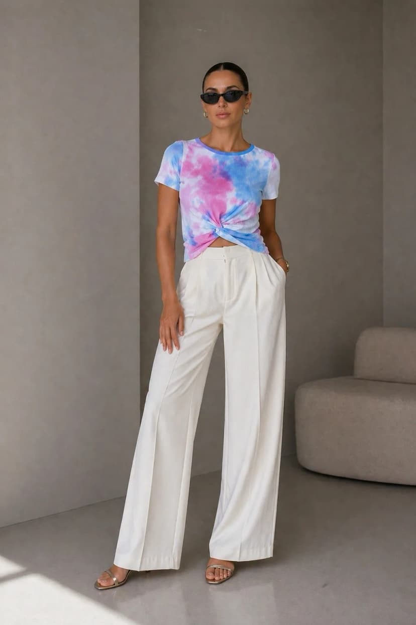 Damen gerippte Kurze T Shirt mit Knoten Detail Tie Dye Muster