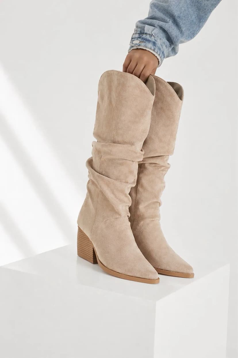 Damen Beige Stiefel mit gerafftem Schaft – Trend 2026 Sommerstiefel Gr. 36