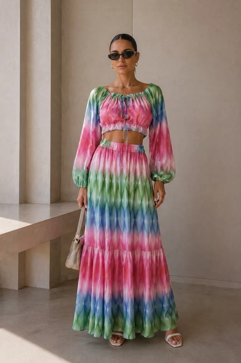 Strand Zweiteiler Röcke Set Outfit Sommerset Maxirock + Crop Top Farbverlauf