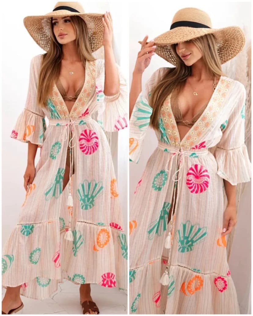 Damen Luftiger Strandmantel Kimono Überwurf im Boho Stil Gestickt