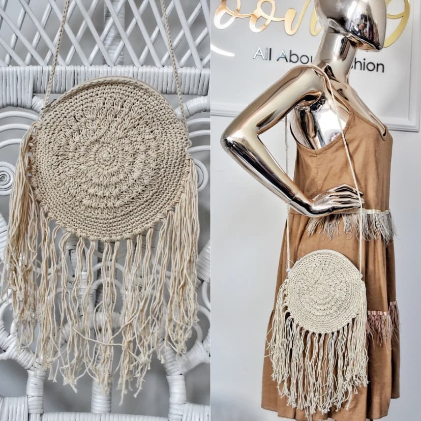 Damen Runde Sommertasche Umhängetasche Baumwolle Boho Look Strandtasche . Beige