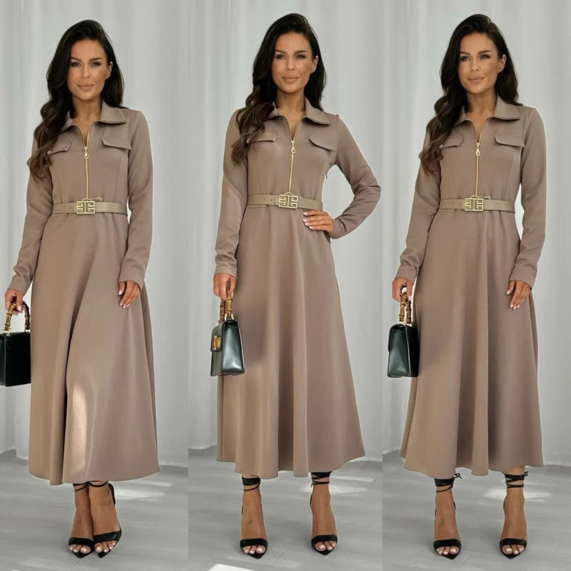 Damen Midikleid mit Reißverschluss am Ausschnitt und Gürtel 42