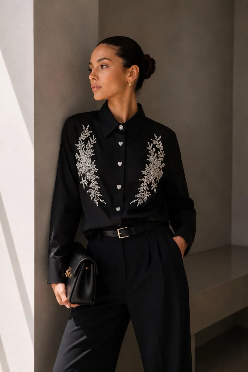 Damen Hemdbluse , Tunika mit Pailletten und Zierknöpfen Kragenhemd Schwarz M/L