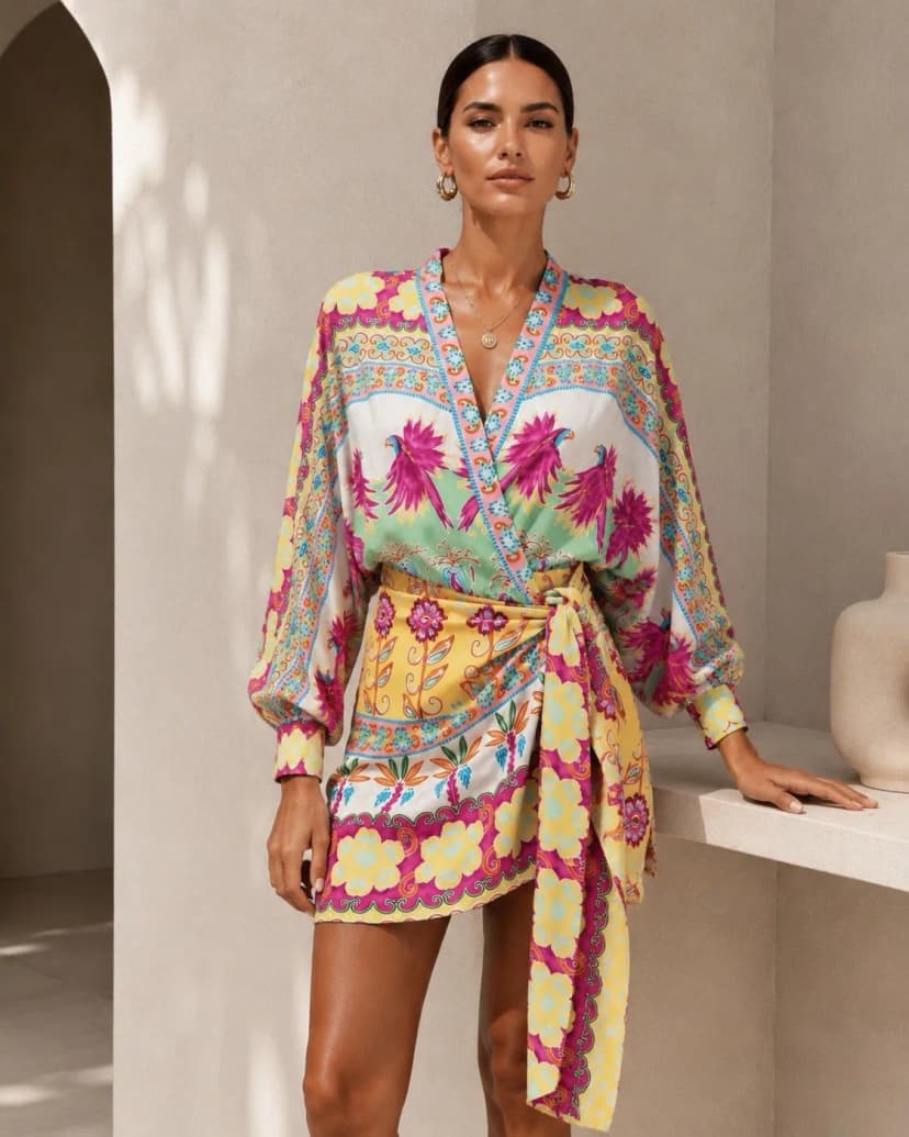 Damen Wickelkleid mit weiten Fledermausärmeln M/L