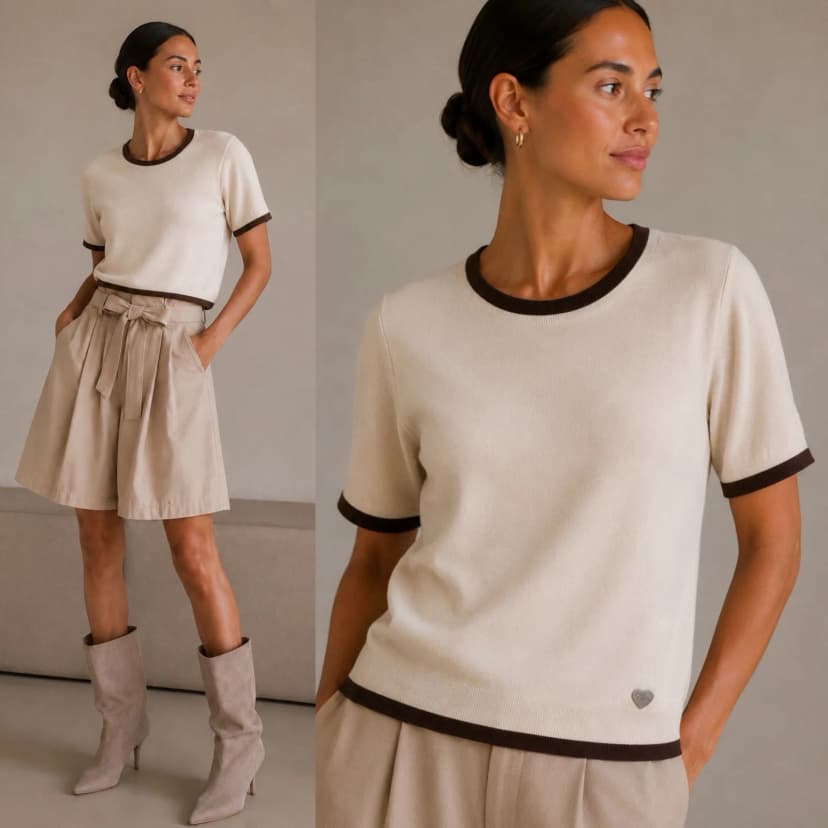 Damen Strickshirt mit Kontrastbesatz und kurzen Ärmeln Beige /Braun