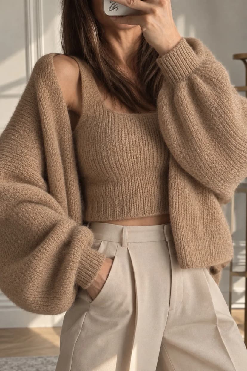 Damen Zweiteiliges Set Tanktop & Strickjacke Camel