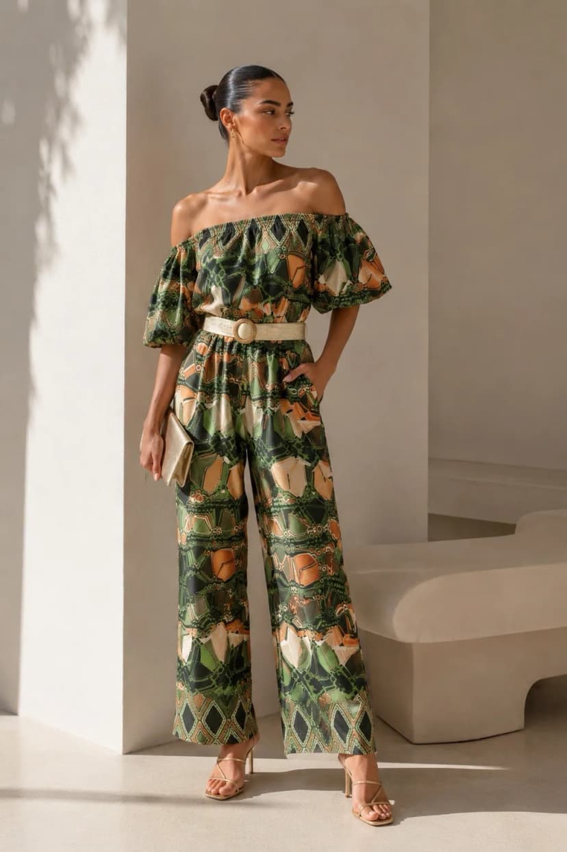 Overall Carmen Ausschnitt Satin Gewebe Einteiler Jumpsuit Playsuit mit Gürtel