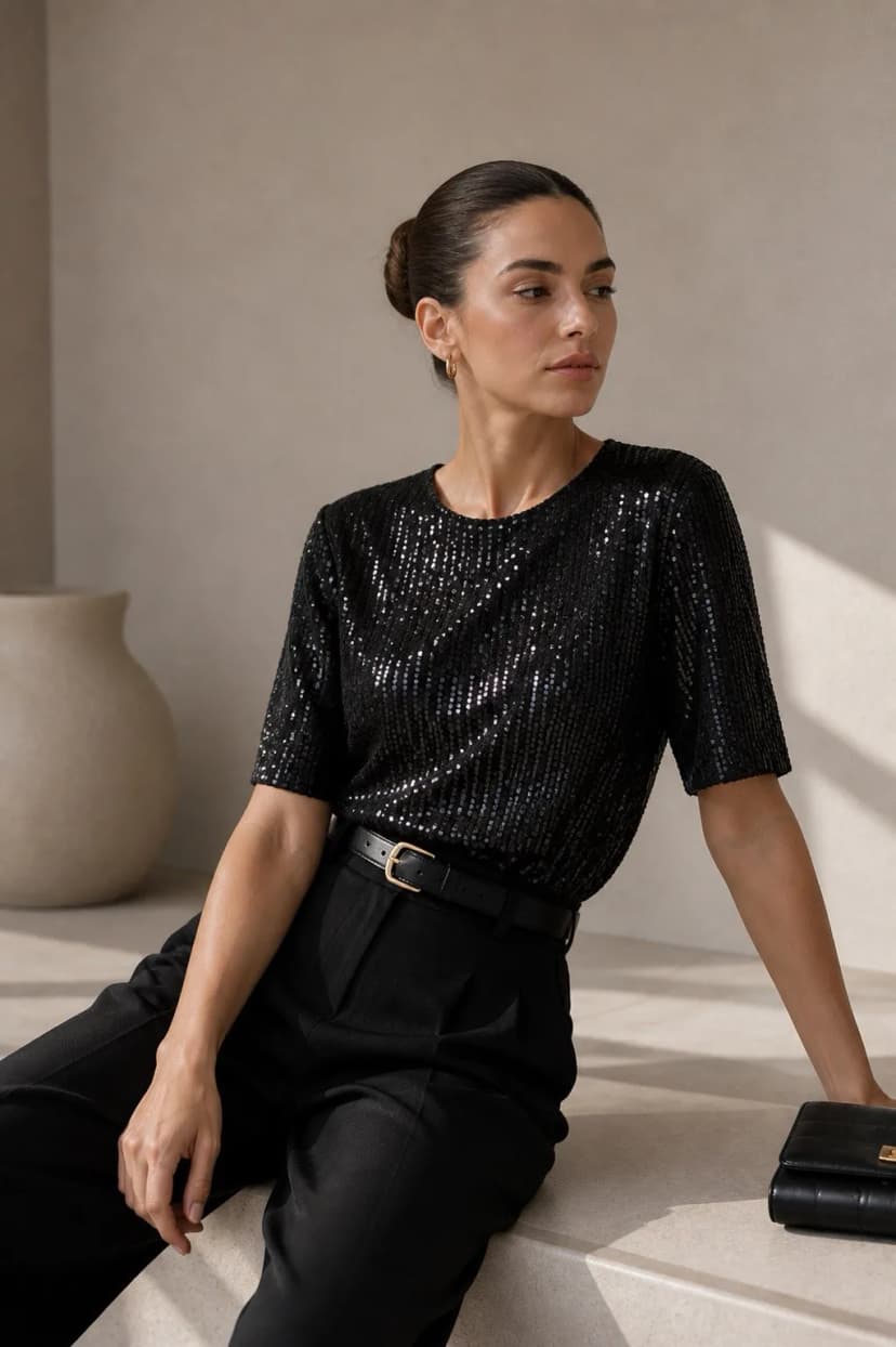 Damen Kurzarm Shirt aus Pailletten Schwarz
