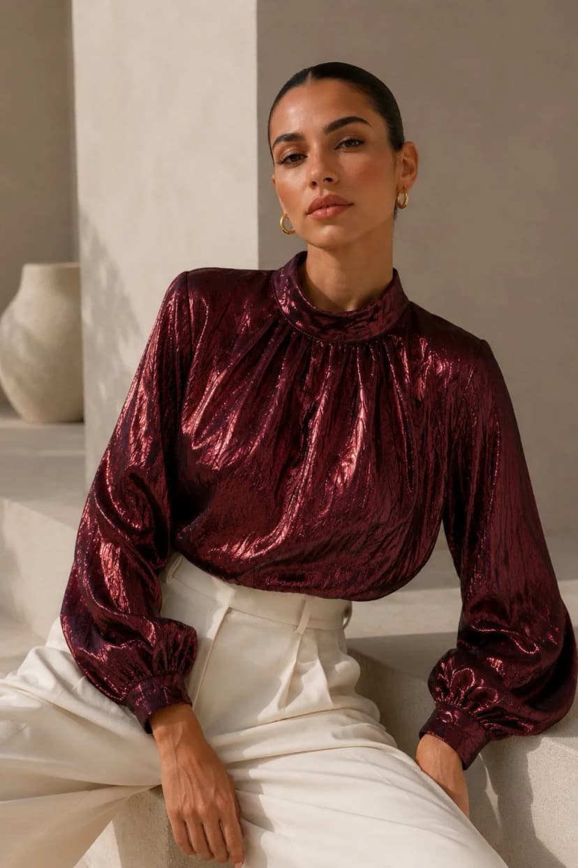 Langarm Bluse Metallic Bordeaux Metallic Damenshirt Party-Bluse Viskose