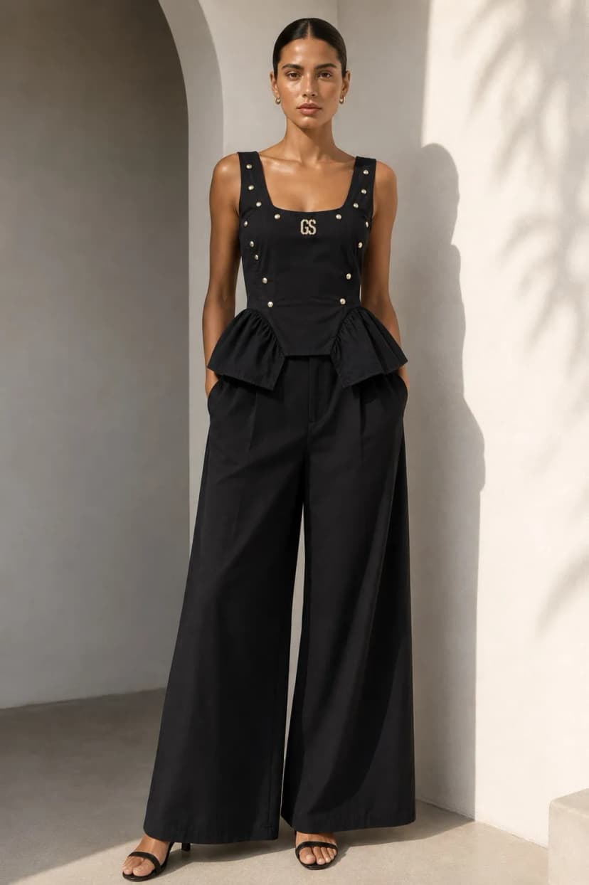 Gil Santucci Damen Zweiteiler Wide Leg Set Golddetails Sommer Elegant Schwarz