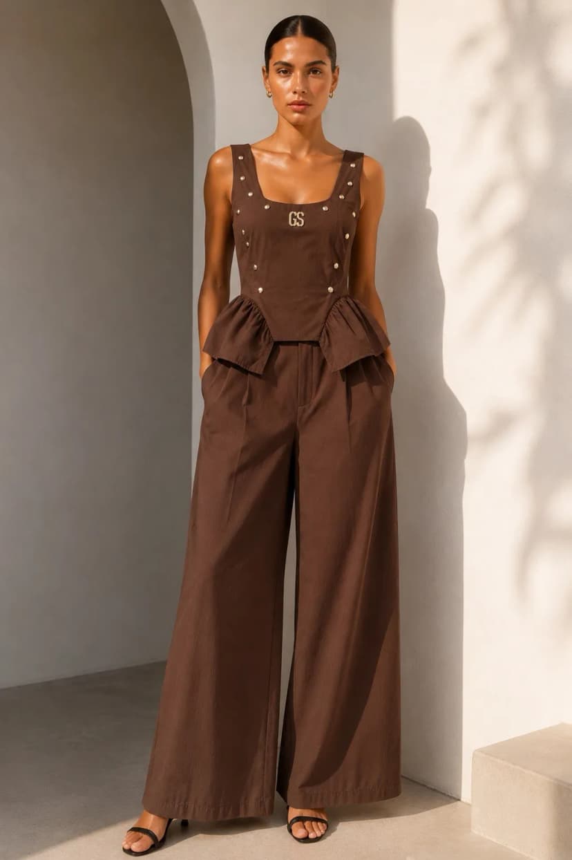 Gil Santucci Damen Zweiteiler Wide Leg Set Golddetails Sommer Elegant Braun