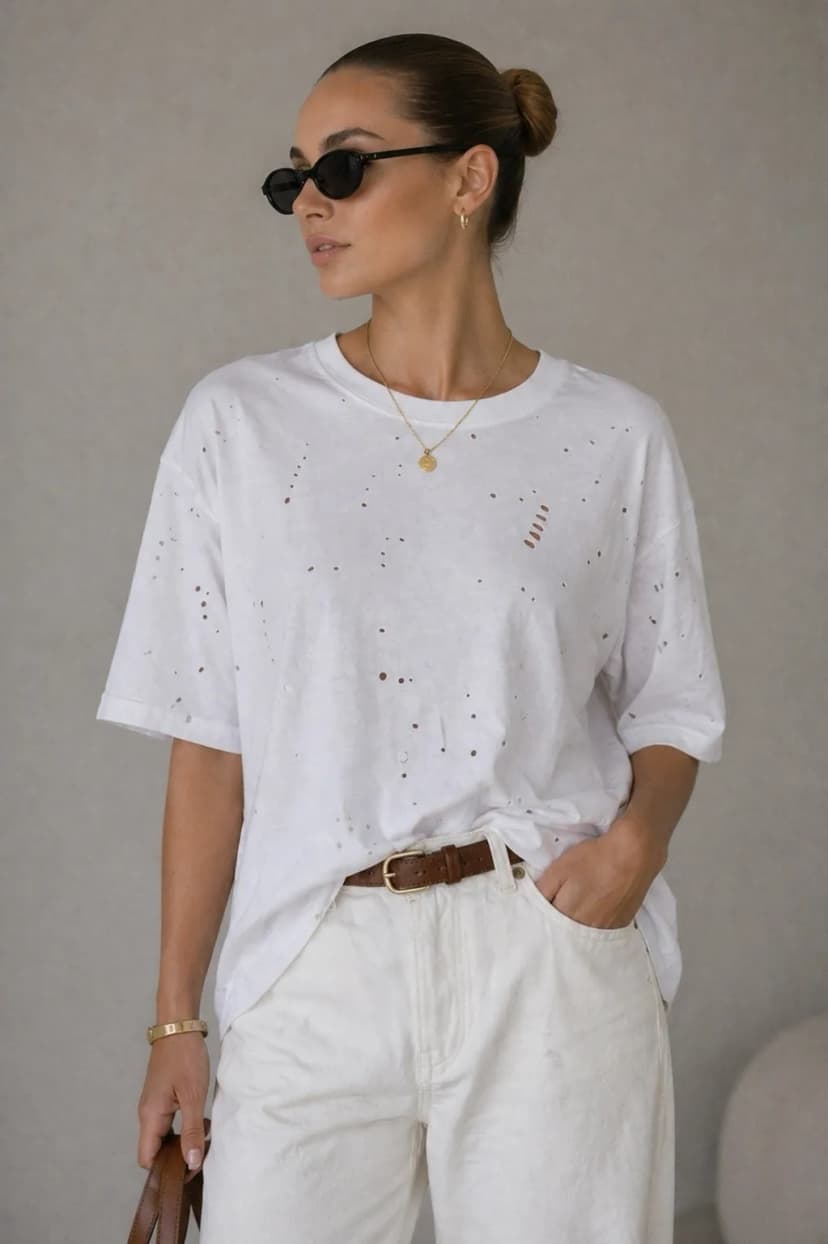 T-Shirt mit Löcher Kurzarm Baumwolle Oberteil Top Weiß mit Basic Shirt Baumwolle