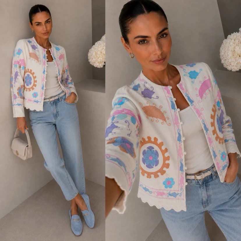 Boho Chic Jacke Damen | Pastell Töne | Handbestickt | Sommer Look Gr. S
