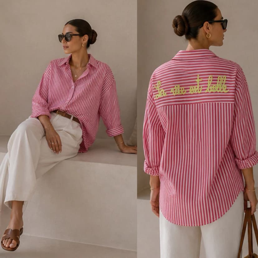 Neu Damen Oversize Baumwollbluse „La vie est belle“ mit Stickerei