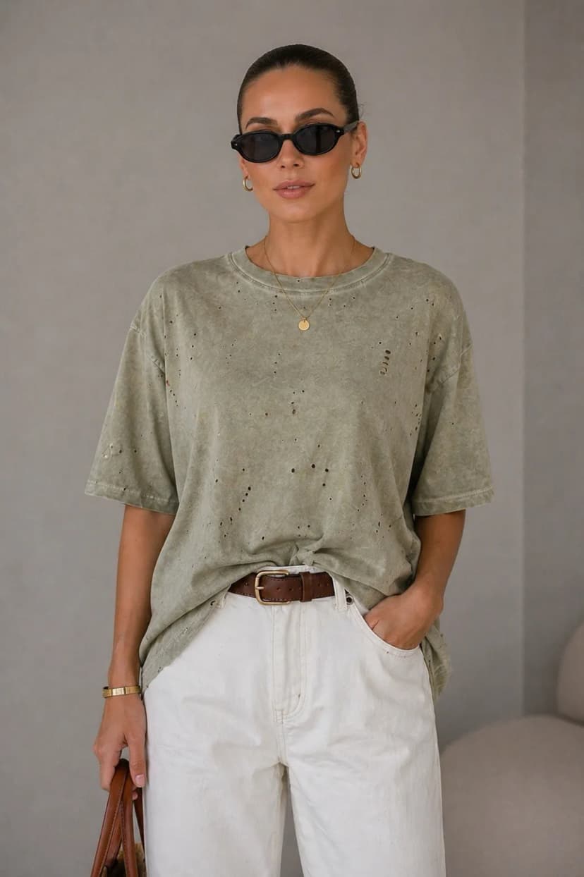 T-Shirt mit Löcher Kurzarm Baumwolle Oberteil Top Khaki Basic Shirt Baumwolle