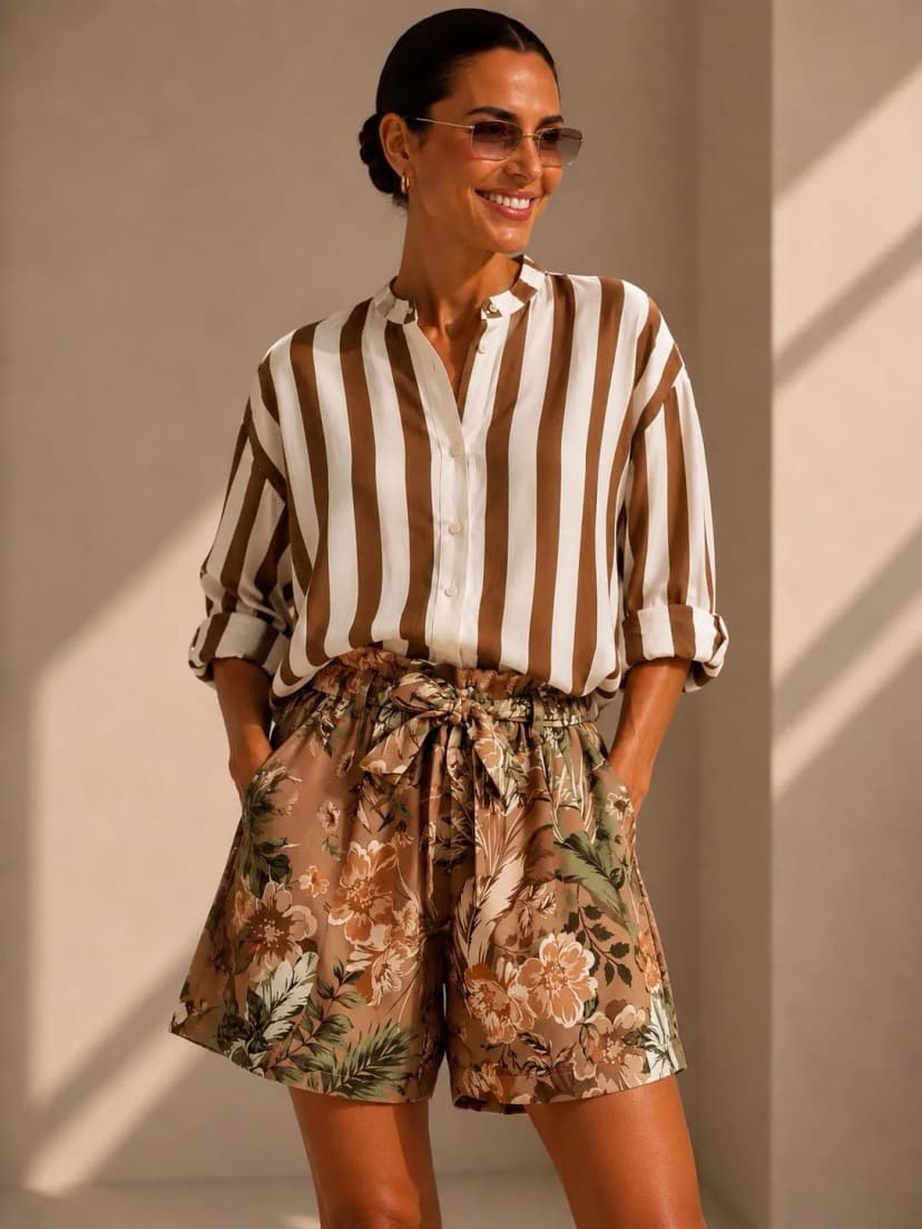 Damen Paperbag Shorts aus Leinen Bermudas kurze Hose Blumenmuster
