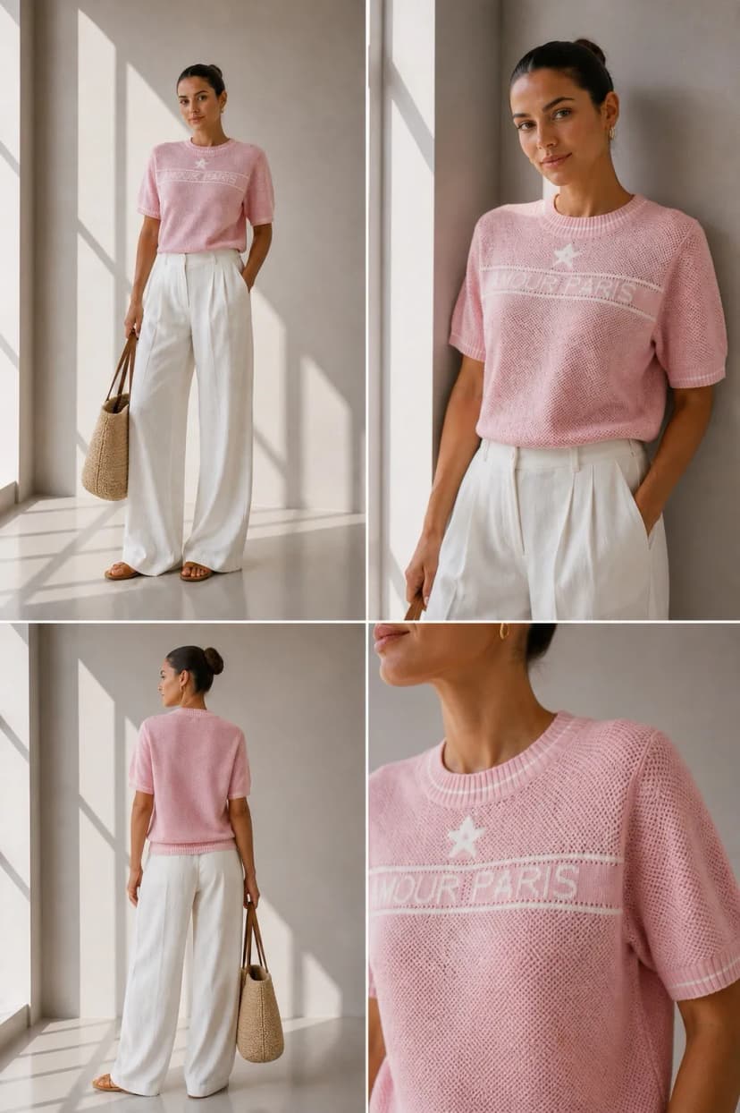 Damen Pullover Kurzarm Amour Paris Strickpullover Feinstrick Gestickt Rosa