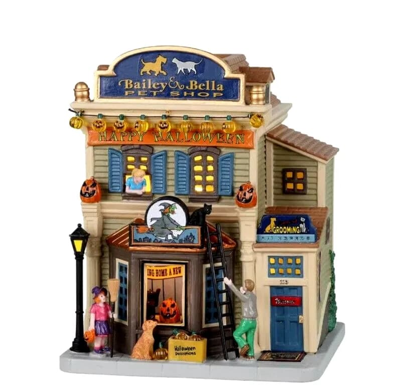 Lemax Bailey & Bella Pet Shop # 25853 Spooky Town beleuchtetes Gebäude