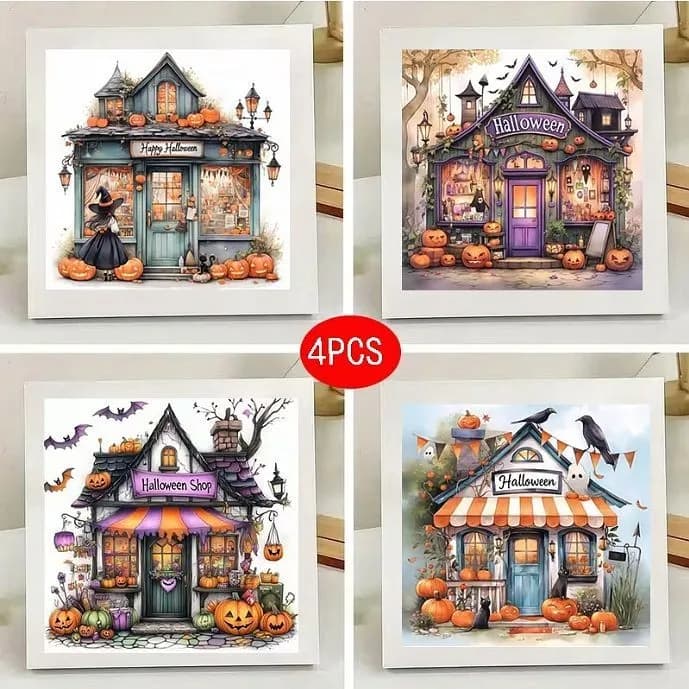 4er Pack Diamond Painting Kit Halloween Shops 7,87" x 7,87" Vollbohrer NEU