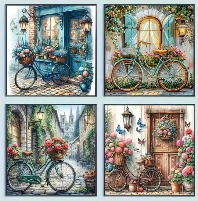 4er Pack Diamond Painting Kit Fahrräder & Blumen 7,87" x 7,87" Vollbohrer NEU