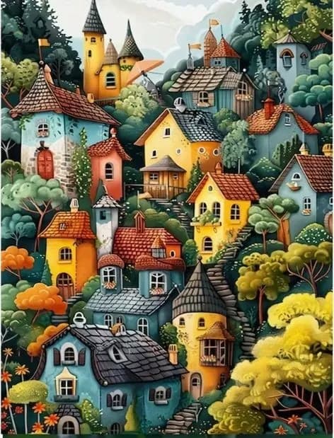 Diamond Art Painting Kit BUNTES BERGDORF 11,8" x 15,74" Zum Selbermachen Neu