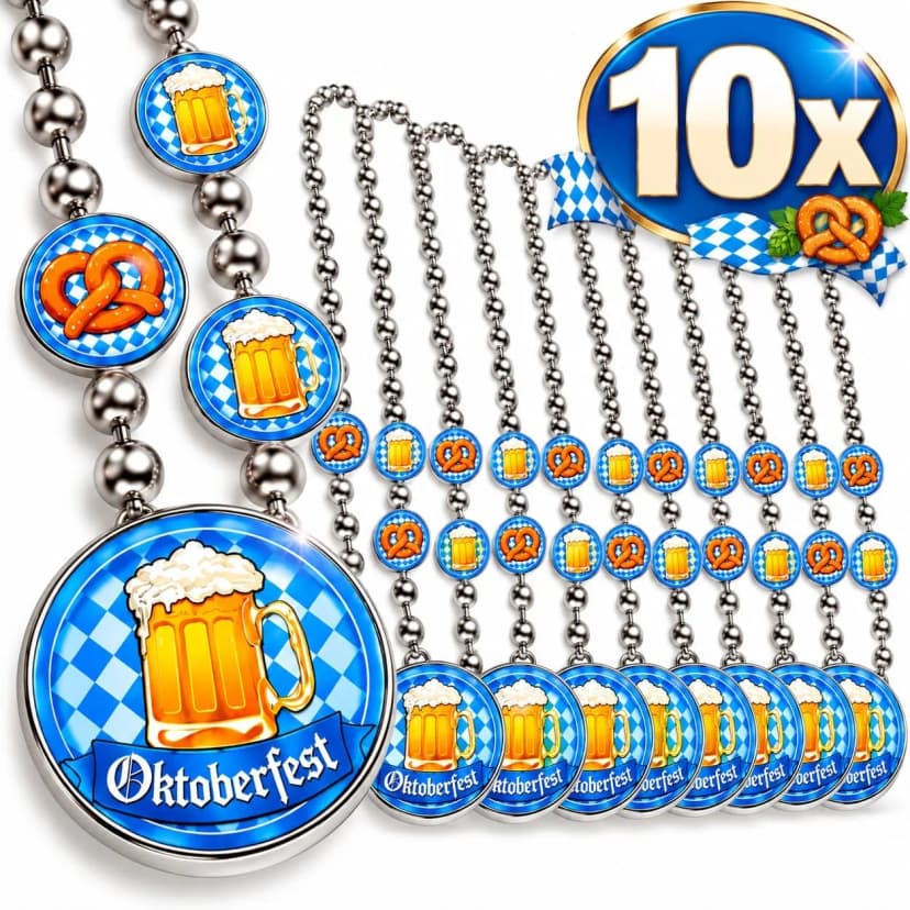 10er Set Oktoberfest Ketten Bier & Brezel – Bayern Party Accessoire, 37cm Kette