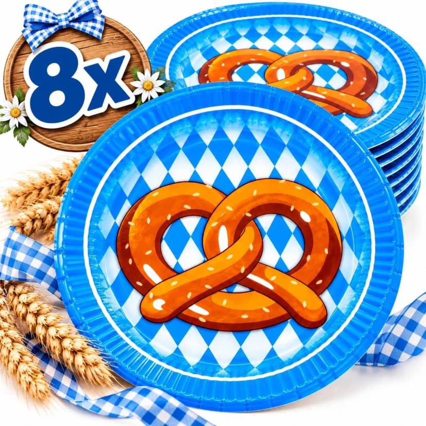 8 Partyteller Oktoberfest Ø 18 cm – Bayern Brezel Pappteller Party Teller Set